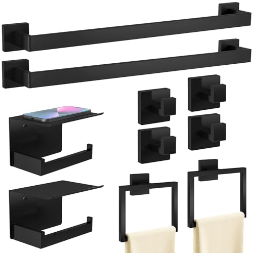 STWWO 10-Piece Matte Black Bathroom Hardware Accessories Set | 24 inch Towel Bar, Stainless Steel Towel Racks for Bathroom, Bath Towel Bar Set Wall Mounted - color: Matte Black, size: 24 inch-10pcs
