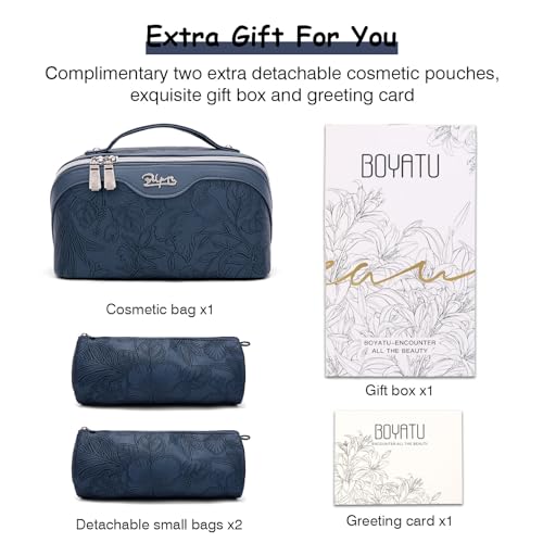 BOYATU Travel Makeup Bags Cosmetic Organizer Bag: 3-Set Large Capacity Make up Bag - PU Leather Toiletry Bags for Women - Wide Open Portable Pouch with Divider & Handle (02-Dark Blue) - color: 02-Dark Blue