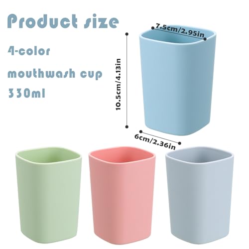 4PCS Bathroom Tumbler Toothbrush Cup, Unbreakable Reusable Drinking Cups, Plastic Mouthwash Cup Toothbrush Holders 330ml (Blue, Grey, Green, Pink)