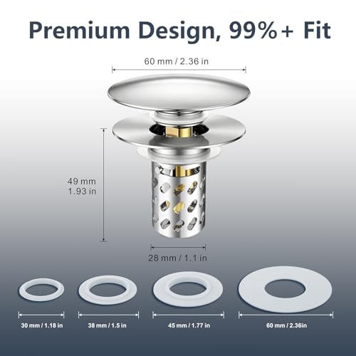 Bathroom Sink Stopper Pop-Up Sink Drain Strainer Hair Catcher | Universal 1.1"-2.17" Drains, Brass Core & Stainless Steel Mesh, Hair Catcher 2 in 1 bathroom Sink Stopper Strainer - color: Chrome-diagonal Holes