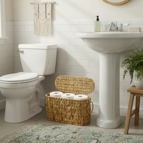 Coeusy Toilet Paper Basket with Lid,Wicker Basket for Bathroom Organizers and Storage,Holds Up to 6 Mega Rolls, Decorative Hand-Woven Rattan Bathroom Decor Accessories,Natural Water Hyacinth - color: Natural Hyacinth