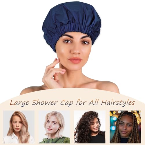 Reusable Shower Cap for Women – Large Waterproof Satin Shower Bonnet for Long, Curly & Braided Hair, Washable Bath Hair Cover, Navy Blue - color: Navy Blue