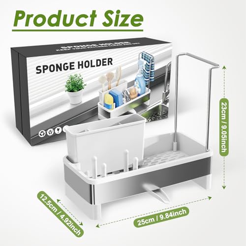 Ewaiira Stainless Steel Sink Caddy, Sponge Holder for Kitchen Sink with Brush Holder & Dishcloth Rack, Rustproof Organizer Countertop, Soap Dispenser Kitchen Organizers Storage Essentials, White 9.8″ - color: B-white