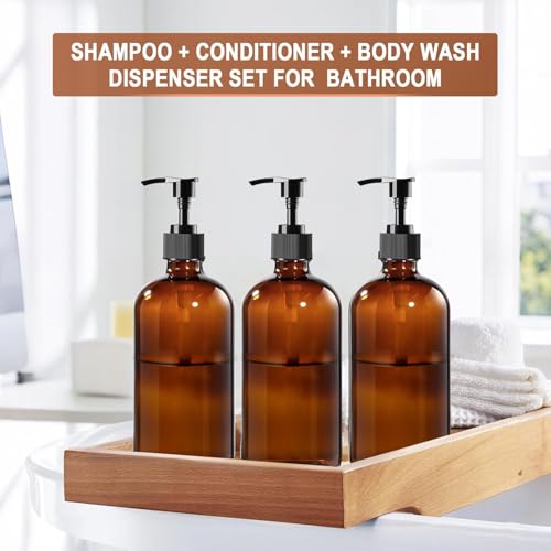 4 Pack 16 oz Amber Glass Bottles with Pumps for Shampoo, Essential Oils, Cleaning Products, Lotions, Aromatherapy Oil, Pump Bottles, Refillable Containers with Cap, 8 Chalk Labels, 1 Pen - size: 16 oz Amber 4Pack