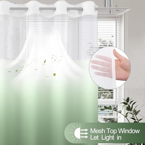 No Hook Shower Curtain with Snap in Liner, Ombre Green Shower Curtains and Liner Set, Hotel Fabric Bath Curtain for Bathroom, Mesh Top Window Waterproof Washable, 71" x 74" - color: Ombre Green, size: 71"W x 74"L (Pack of 1)