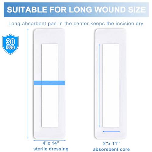 30 Pack 4"x14" Waterproof Adhesive Island Dressing for Post-Surgery Recovery | Sterile Bordered Gauze Bandages with Non-Stick Pad for Knee/Hip Replacement, Surgical Incision Care & Shower Protection - size: 4x14 in