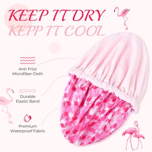 Shower Cap for Women Terry Lined Bath Cap Large Reusable Waterproof Elastic Band Pink Flamingo Shower Caps for Long Thick Hair Soft Bath Shower Hair Caps - color: Hot Pink Flamingo