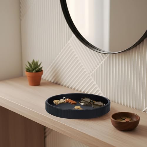 HofferRuffer Round Decorative Tray, Faux Leather Vanity Tray Decor, Decorative Catchall for Perfume, Bathroom Valet, Nightstand or Dresser (Black Stripe, Round-12" x 12" x 1.6") - color: Black Stripe