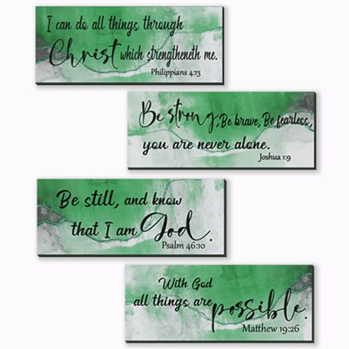 4 Pcs Green Bathroom Decor Christian Wall Art Abstract Bible Verse Wall Decor Rustic Inspirational Wood Bathroom Accessories For Bedroom Kitchen Office(10 x 4 Inches, Green) - color: Green