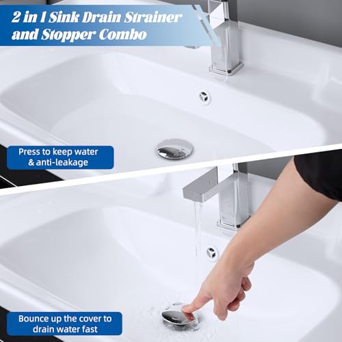 Hibbent All Metal 2 in 1 Bathroom Sink Stopper, Universal Pop Up Drain Strainer, Brass Bullet Core Push Type Sink Stopper for 1.1''~2.3'' Basin, Big Push Button, Anti Clogging Drain Filter, Chrome - color: Chrome