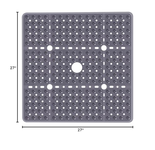 Large Square Shower Mat 27 x 27 Inch Gray, Non Slip Shower Bathtub Mats for Inside Shower with Big Suction Cups Drain Holes, Anti Slip Bathroom Floor Shower Stall Mats, Easy Clean, BPA-Free - color: Grey