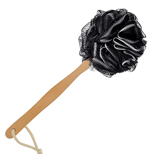 Loofah with Handle - Back Scrubber & Exfoliating Shower Sponge, PE Soft Mesh on a Wooden Stick for Men and Women(Black) - color: Black