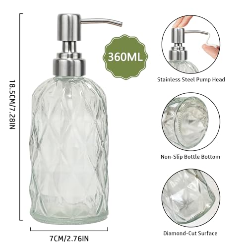 12Oz Clear Glass Soap Dispenser with Stainless Steel Pump, Diamond Design Refillable Kitchen Liquid Hand Soap Dispenser, for Dispense Hand soap, Dish Soap, Lotion, Bathroom, Countertop, Hotel - color: Clear a