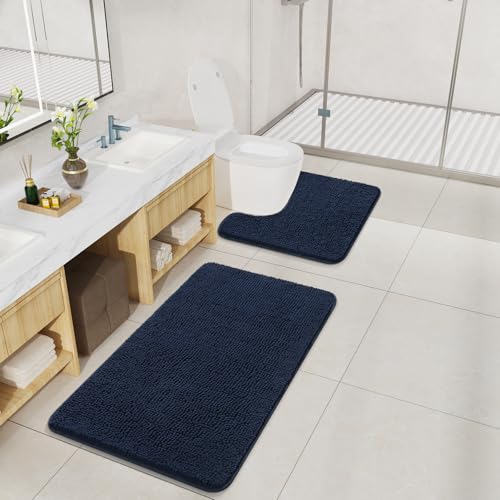 LOCHAS Bathroom Rugs Sets 2 Piece, Soft Non Slip Bath Mat Set, 20''x20'' U-Shaped Toilet Rug and 34''x21'' Navy Bath Rugs, Washable Absorbent Chenille Toilet Rug Set for Bathroom, Shower, Sink - color: Navy