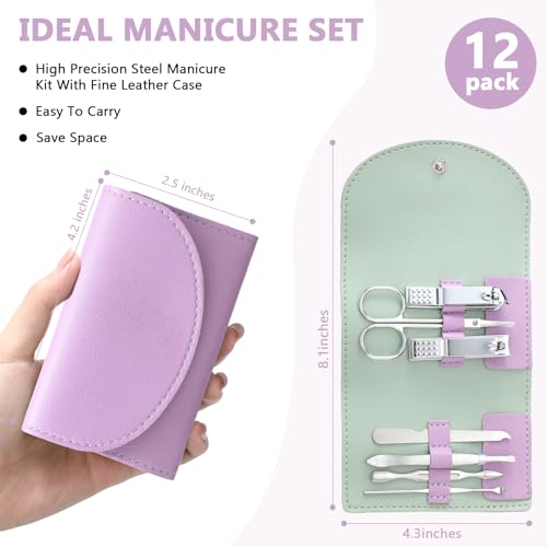12 Set Manicure Set Bulk Mini Manicure Nail Clipper Kit 7 in 1 Stainless Steel Professional Nail Care Pedicure with Travel Portable Bag Grooming Kits for Women Men Home(Purple) - color: Purple
