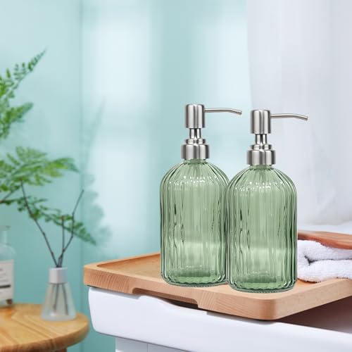 14Oz Green Soap Dispenser Bathroom - 2 Pack, Clear Glass Hand Soap Dispensers with Stainless Steel Pump, Refillable Dish Soap Dispenser for Kitchen, Countertop Soap Dispensers - color: 2 Pack - Green