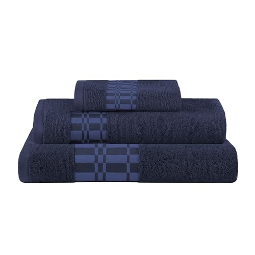 Superior 3-Piece Cotton Towel Set, Geometric Design, Dobby Border, Plush Quick Dry Towels, Decorative Bathroom, Spa, Includes 1 Bath, 1 Hand, 1 Face Towel/Washcloth, Larissa Collection, Navy Blue - color: Navy Blue, size: 3 Piece Towel Set
