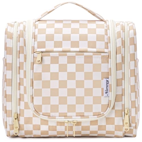 Narwey Hanging Toiletry Bag for Women Travel Makeup Bag Organizer Toiletries Bag for Cosmetics Essentials Accessories - color: Z-Light Brown Checkerboard