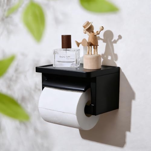 Matte Black Toilet Paper Holder with Shelf - Toilet Paper Cutting Function, Toilet Paper Holder with Phone Shelf for Bathroom Washroom - color: Abs Black&black, size: Single