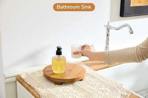 Round 9.4" Acacia Wood Decorative Tray – Farmhouse Wood Riser Pedestal Stand for Kitchen and Bathroom Decor, Counter Display, Vanity Tray (Medium, 9.4" Dia) - size: Medium: Dia 9.4"