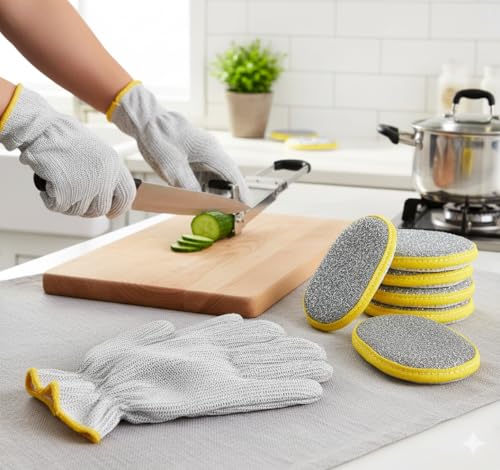Kitchen Pro Dual Action Cleaning Set, 5 Microfiber Scouring Sponges with Yellow Trim, 2 Wire-Reinforced Dishwashing Gloves, Round Scrubbers for Dishes