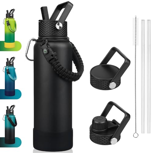 BJPKPK Insulated Water Bottle with Straw Lid, 40oz Large Thermal Flasks with 3 Lids, Paracord Handle & Non-slip Boot, BPA Free Leak Proof Stainless Steel Metal Water Bottles, Tumblers, Cups,Black - color: Black, size: 40 Ounces