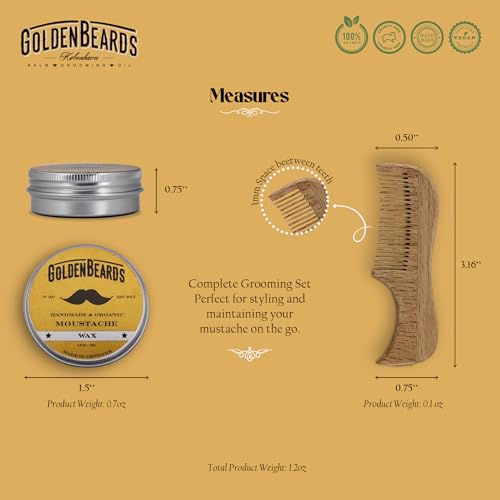 Golden Beards Moustache Wax & Eco Wood Vegan Comb Kit – Medium Hold Wax with Lime Scent & Eco Wood Comb 2.5 in – Handmade, Vegan, Cruelty-Free Moustache Styling Set - style: Eco Wood Vegan Comb