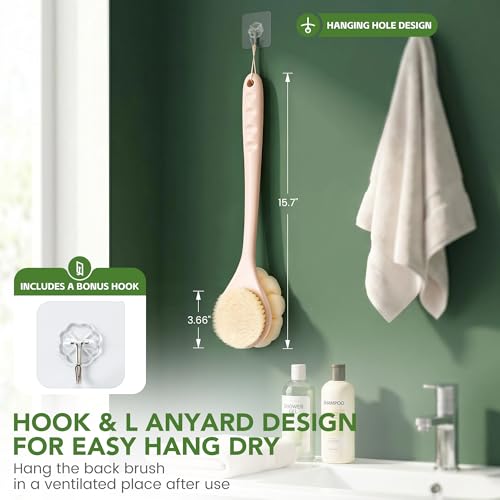 Back Scrubber for Shower, 15.7" Loofah with Handle, Back Shower Brush with Bristles and Loofah, Dry Brushing Body Brush for Cleanse Back and Hard to Reach Areas with Curved Long Handle, Pink - color: Pink