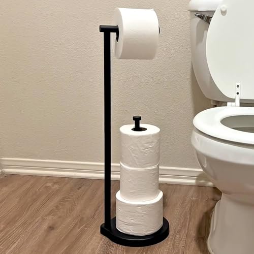 theaoo Heavy-Duty Toilet Paper Holder Stand – Modern Freestanding Bathroom Toilet Tissue Paper Roll Holder with Reserve & Storage, Stainless Steel (Black, Free Standing) - color: Black