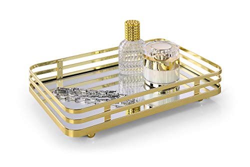 SunnyPoint Classic Decorative Vanity Perfume Dresser Jewelry Organizer Makeup Mirror Tray (Polished Gold) - color: Polished Gold, size: 10.4" x 6.7" x 2"