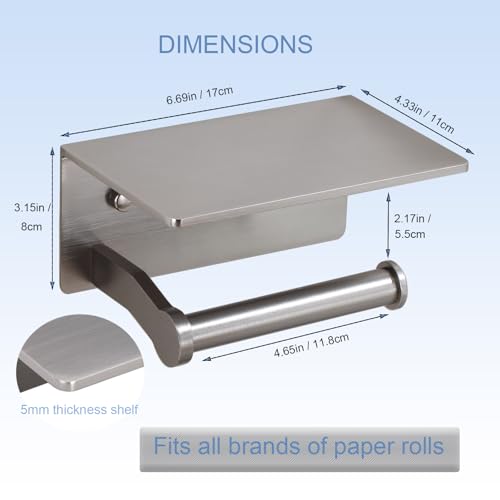 Toilet Paper Holder with Shelf, Adhesive or Screw Wall Mount Toilet Roll Holder for Bathroom, Rustproof Solid Aluminum Commercial Toilet Tissue Holder with Storage, Brushed Nickel - color: Brushed Nickel-1 Roll