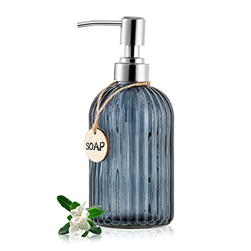 MOCLIF 16 OZ Soap Dispenser，Tempered Glass Clear Vertical Stripe with 304 Rust Proof Stainless Steel Pump Refillable Liquid Hand Soap Dispenser，for Bathroom, Kitchen, Dish Soap，Lotion (Blue Grey) - color: Blue Grey