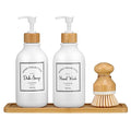 Zopeal 4 Pcs 16 oz Kitchen Soap Dispenser Set with Bamboo Tray and Dish Brush Plastic Soap Dispenser Set with Waterproof Labels for Hand Dish Lotion(Frosted White) - color: Frosted White