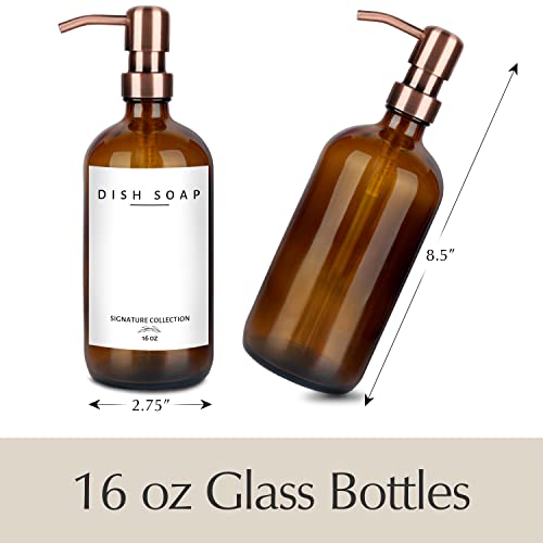 Emerson Soap Dispenser, Dish Soap Dispenser for Kitchen, Soap Dispenser Bathroom Set, Hand Soap Dispenser, Kitchen Soap Dispenser Set, Glass Soap Dispenser with Pump and Labels - 16 Oz - 2 Pack - color: 02 – Amber / Copper