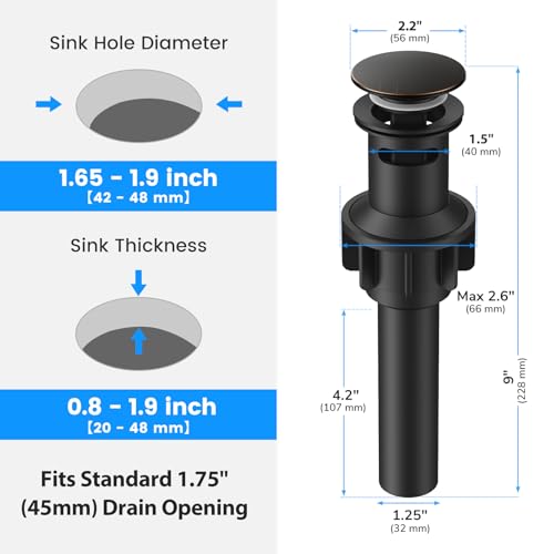 Bathroom Sink Drain with Overflow with Hair Catcher Anti-Clog Sink Strainer | Hurran Bathroom Sink Stopper for 1.65"-1.9" Hole, Plastic Pop-up Drain for Bathroom Vanity Vessel Sink, Oil Rubbed Bronze - color: Oil Rubbed Bronze