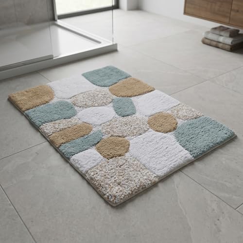 THE BEER VALLEY Pebble Stone Bath Rug 21x32 Inches - Grey Beige | Non Slip Cotton Accent Rugs for Bathroom, Washable Absorbent Bath Floor Mat - color: Grey/Beige, size: 21 x 32 inches