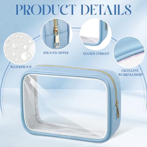Abbylike 6 Pcs Clear Makeup Bags Bulk PU Leather Cosmetic Pouches Transparent Toiletry Bags with Zipper Waterproof Purse Skincare Car Organizer for Girl Women Travel Gifts(Lake Blue) - color: Lake Blue