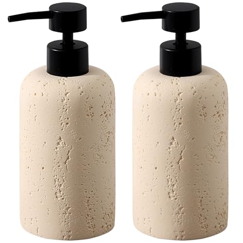 Soap Dispensers 11OZ, 2PCS, Travertine Stone Look, Faint Yellow | Luxurious, Modern, Resin, For Hand Soap, Dish Soap, Shampoo and Conditioner, Lotion, for Bathroom Countertop Kitchen Sink - color: Faint Yellow