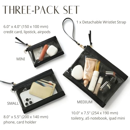 Popvibe Clear Makeup Bag for Traveling with Zipper Cosmetic Clear Travel Bag Organizer Pouches for Purse Clear Toiletry Bag Women Car Essential Bag Transparent Make Up Bag Set 3Pack, Black - color: Black