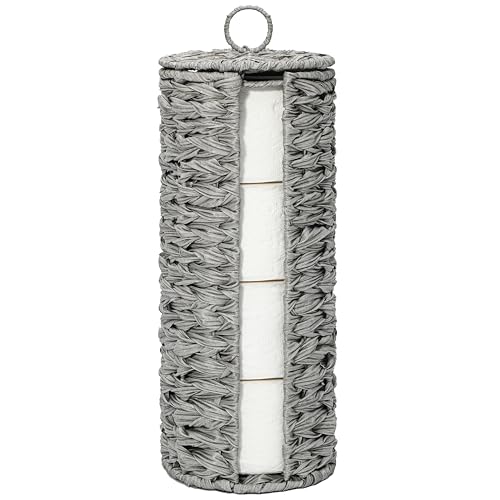 4 Mega Rolls Extra Toilet Paper Storage with Lid, Waterproof Plastic Wicker Toilet Paper Holder Basket Stand, Decorative Boho Covered Enclosed Toilet Tissue Organizer for Bathroom, Grey