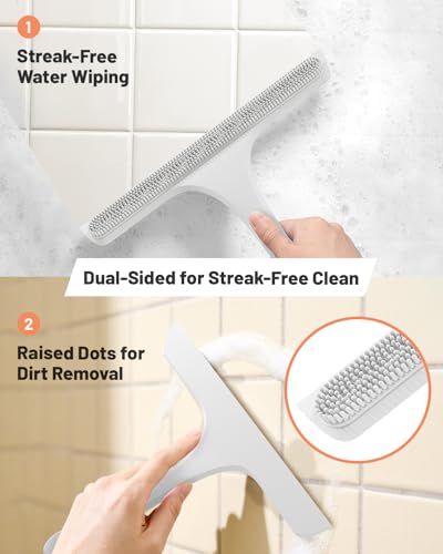 2-in-1 Silicone Shower Squeegee with Hook,Dual-Sided Design with Scraper & Scrub Surface,Streak-Free Bathroom Squeegee for Glass Doors,Mirrors,Windows,Car Windshields (White) - color: White