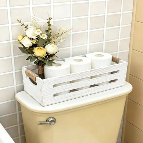 2Pack Wooden Bathroom Storage Crates with Rope Handles - Rustic Farmhouse Toilet Tank Topper Organizer Bin for Toilet Paper, Bathroom Decor, Kitchen Countertop & Home Organization (Distress White) - color: Distress White