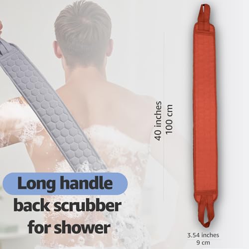 Back Scrubber for Shower with Handles, 40 Inch Extra Long Double-Sided Exfoliating Bath Strap, Textured Body Washer with Extended Reach for Deep Cleaning (Red) - color: Red