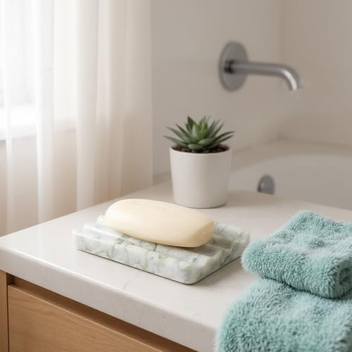 Karibiber Marble Soap Dish, Large Stone Bar Soap Holder Shower, Green Bathroom Soaps Saver, Easy Cleaning Natural Stone Sponge Holder for Kitchen Sink, Executive Jewelry Ring Tray - color: Light Green