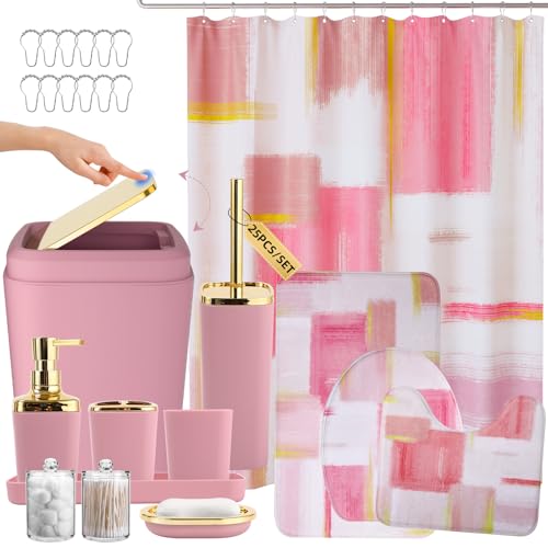 XLHOMO Bathroom Accessories Set - 25PC Bathroom Set with Shower Curtain and Rugs, Pink Bathroom Set, Bathroom Accessory Set with Press-on Lid Trash Can, Soap Dispenser and Qtip Holders - color: Pink & Gold, size: Plaid Complete Set + Bath Rugs