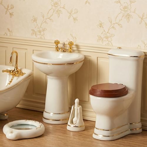 Dollhouse Bathroom Set 5PCS Miniature Porcelain Furniture 1/12 Victorian Dollhouse Furniture White Ceramic Toilet Bathtub Washbasins Decoration Accessory (Golden) - style: Golden