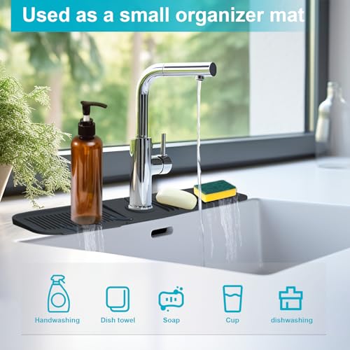 24 Inch Kitchen Sink Splash Guard，5°Slope Fast Draining Silicone Mat for Kitchen Sink Faucet Mat, Upgraded Sink Tidy Splash Guard for Bathroom Faucet Draining Mat (Black)