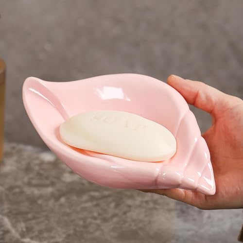 Sea-Shell Soap Holder, Ceramic Soap Tray with Self Draining, Soap Tray for Sink Washroom Bathroom Shower, Small Cute and Elegant Holder with Glaze, Easy Cleaning (White) - color: White