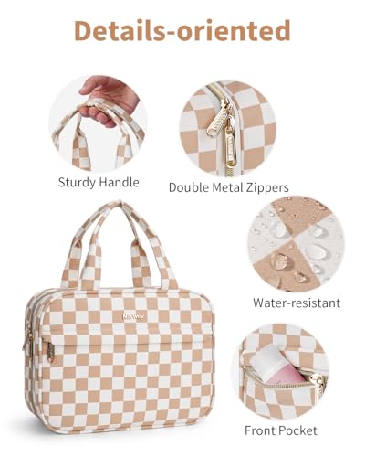 Narwey Hanging Toiletry Bag for Women Checkered Travel Makeup Bag Organizer Cosmetic Make up Toiletries Bag for Travel Essentials Accessories (Light Brown Checkerboard, Medium) - color: Light Brown Checkerboard, size: Medium