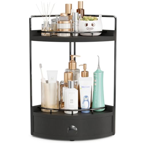 2-Tier Corner Bathroom Counter Organizer with Drawer & Embedded Screw Holes - Wooden Countertop Organizers for Skincare, Makeup Storage, Bathroom Sink Counter Shelf for Vanity, Kitchen, Black - color: Black